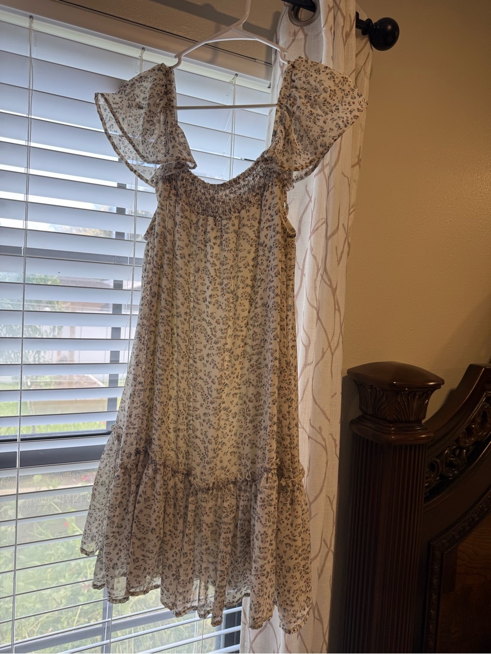 She + Sky Cream Floral Ruffle Midi Dress